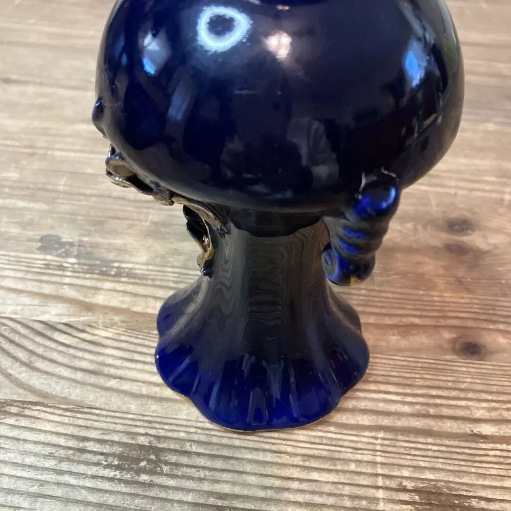 Vintage Cobalt Blue And Gold Bud Vase With Applied Gold Rose 6” Hand Painted